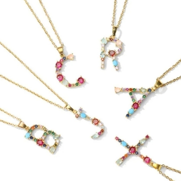 L Letter Pendant Necklace Multi-color Rhinestones Gold Tone Chain - Picture 11 of 16